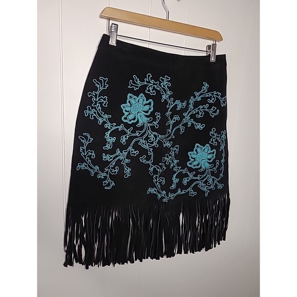 Vintage Western Rodeo Fringe Black Blue Leather Embroidered Skirt Size 10 - Picture 3 of 10
